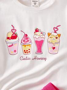 SHEIN Cô Gái Trẻ Cartoon & Đồ họa chữ cái Áo thun & quần đùi - Nhiều màu - Xem 3