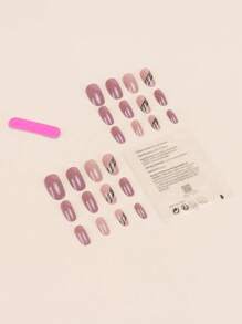 Instantly Upgrade Your Look with 24pcs Long Almond Purple Line Glitter Striped Fake Nail & 1sheet Tape & 1pc Nail File - Multicolor - View 2