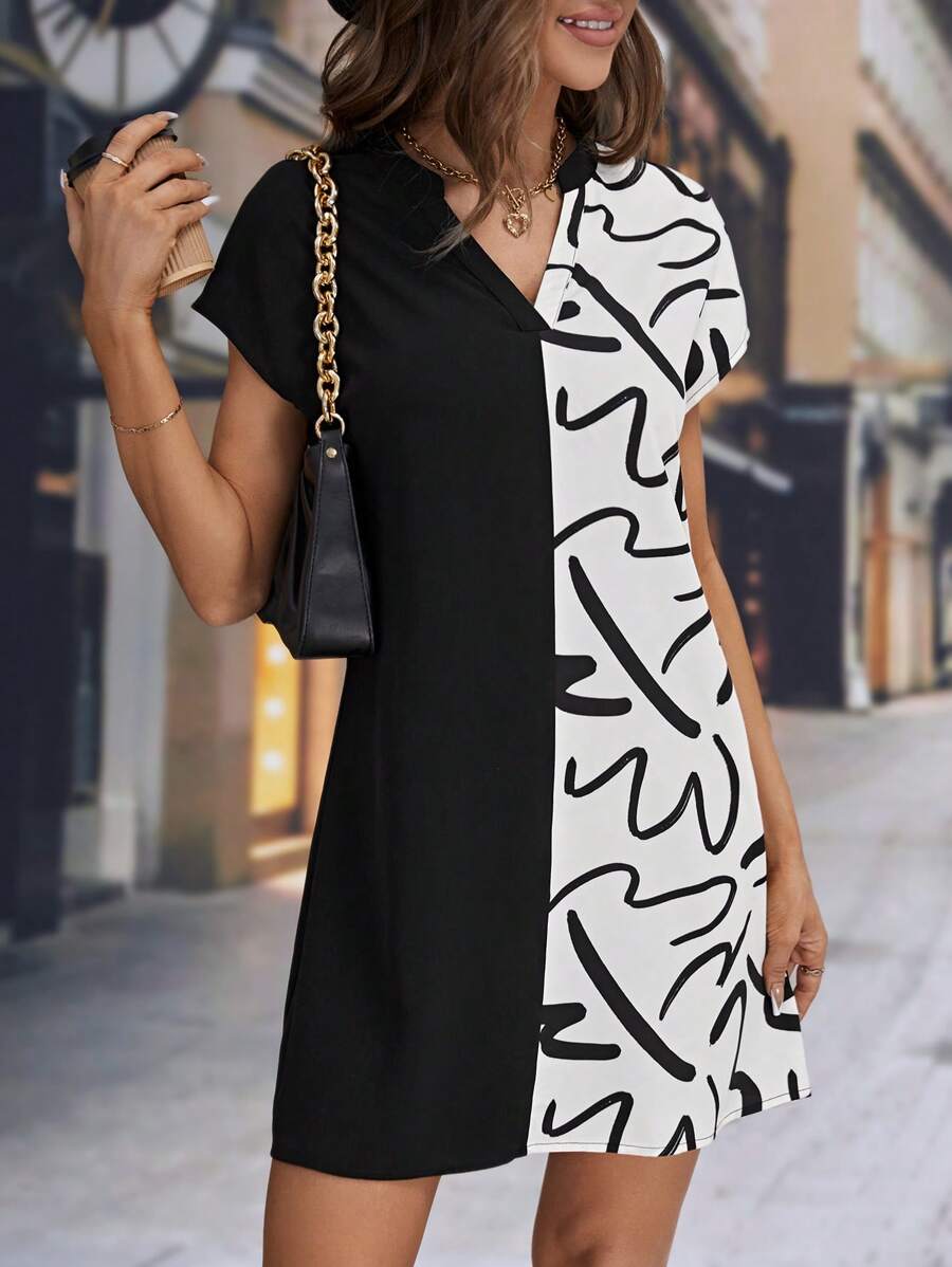 SHEIN LUNE Đầm Khối Màu Đồ họa Giải trí - Đen và trắng - Xem 1
