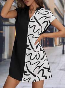 SHEIN LUNE Đầm Khối Màu Đồ họa Giải trí - Đen và trắng - Xem 3