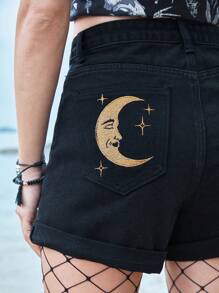ROMWE Goth Quần short denim túi thêu Sun & Moon, trường học - màu đen - Xem 4