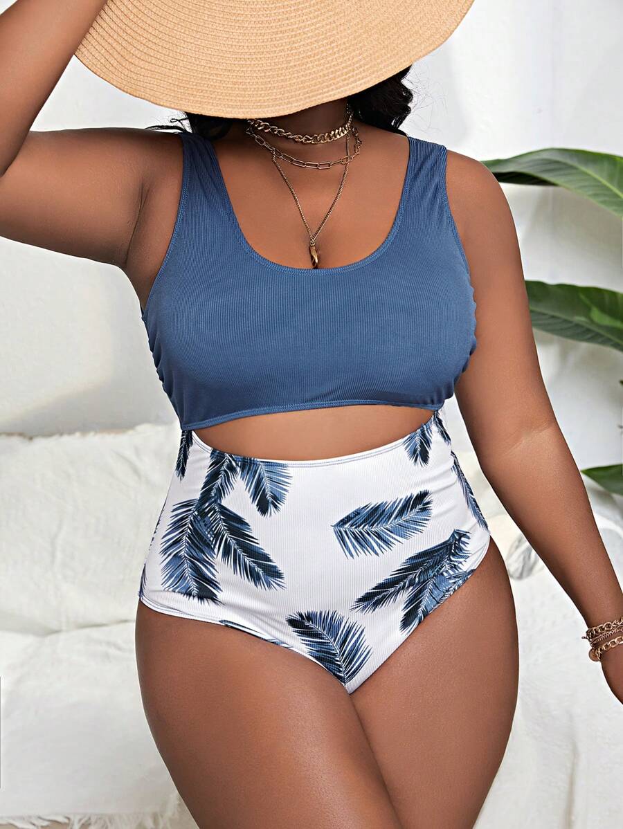 SHEIN Swim Curve 大碼熱帶圖案鏤空連體泳衣 - 彩色 - 查看 1