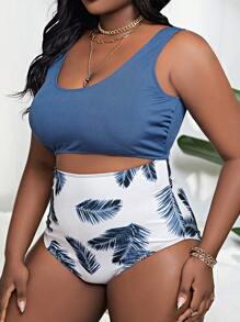 SHEIN Swim Curve 大碼熱帶圖案鏤空連體泳衣 - 彩色 - 查看 3