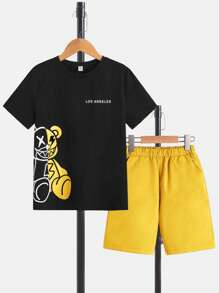 SHEIN 青少年男孩夏季可愛熊和字母印花短袖T恤和短褲套裝 - 黃色 - 查看 1