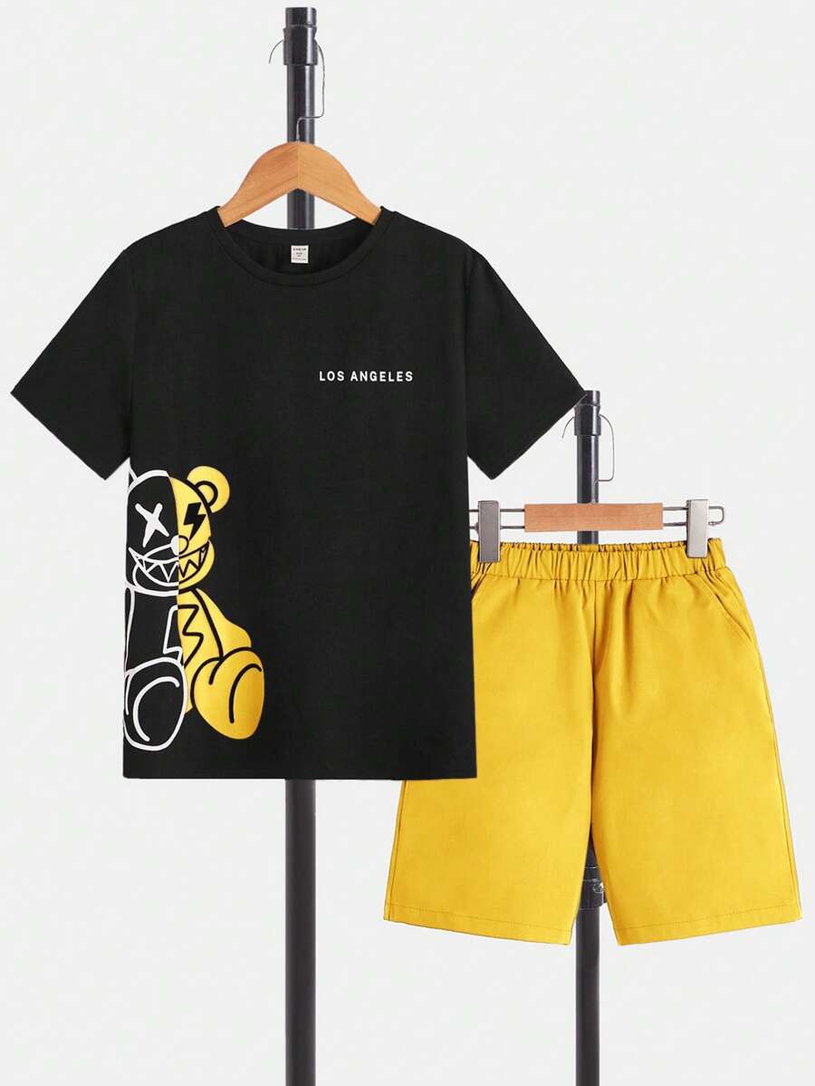 SHEIN 青少年男孩夏季可愛熊和字母印花短袖T恤和短褲套裝 - 黃色 - 查看 1