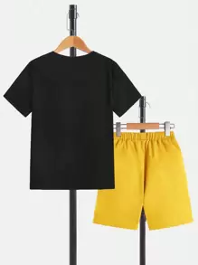 SHEIN 青少年男孩夏季可愛熊和字母印花短袖T恤和短褲套裝 - 黃色 - 查看 2