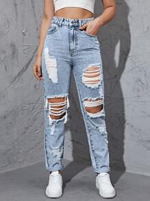 SHEIN EZwear 破洞直筒牛仔褲 - 淺色水洗藍 - 查看 4