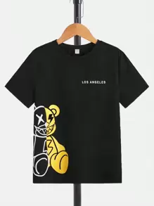 SHEIN 青少年男孩夏季可愛熊和字母印花短袖T恤和短褲套裝 - 黃色 - 查看 8