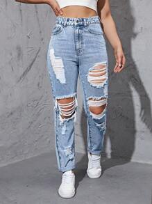 SHEIN EZwear 破洞直筒牛仔褲 - 淺色水洗藍 - 查看 5