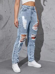 SHEIN EZwear 破洞直筒牛仔褲 - 淺色水洗藍 - 查看 6