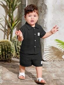 SHEIN Baby Boy Letter Patched Shirt & Shorts - Black - View 1