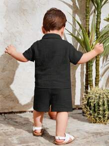 SHEIN Baby Boy Letter Patched Shirt & Shorts - Black - View 2