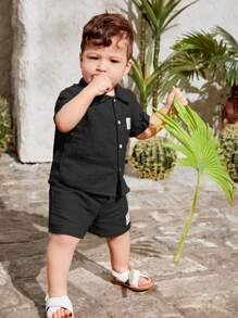 SHEIN Baby Boy Letter Patched Shirt & Shorts - Black - View 3