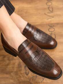 Giày Lười Nam Da Cá Sấu Nổi, Da Nhân Tạo Mũi Vuông Giày Kinh Doanh - màu nâu - Xem 2