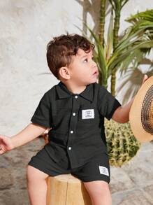 SHEIN Baby Boy Letter Patched Shirt & Shorts - Black - View 6