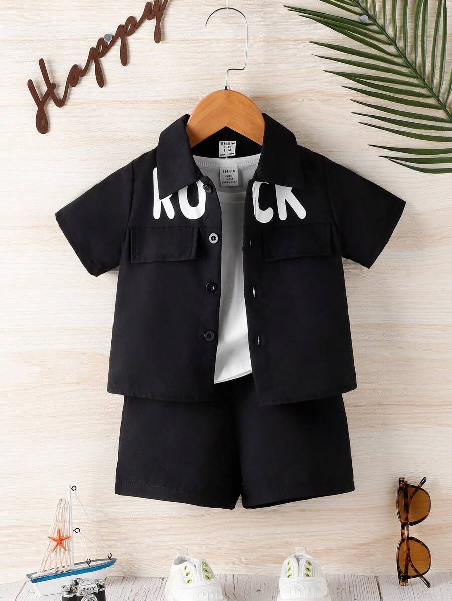 男嬰字母圖案翻蓋細節襯衫和短褲附T恤 - 黑色 - 查看 1