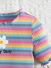 SHEIN Đứa bé gái In hoa & sọc Ren Mộc nhĩ Áo thun - Nhiều màu - Xem 3