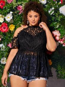 SHEIN CURVE+ 大碼挖肩提花蕾絲荷葉邊下擺T恤 - 黑色 - 查看 4