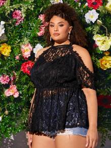 SHEIN CURVE+ 大碼挖肩提花蕾絲荷葉邊下擺T恤 - 黑色 - 查看 6