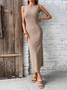 SHEIN Clasi Đầm Gân đan Tách cao màu trơn Thanh lịch - Màu be - Xem 6