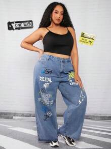 SHEIN CURVE+ Plus Letter Graphic Wide Leg Jeans - Medium Wash - View 4
