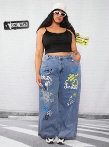 SHEIN CURVE+ Plus Letter Graphic Wide Leg Jeans - Medium Wash - View 6