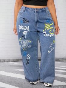 SHEIN CURVE+ Plus Letter Graphic Wide Leg Jeans - Medium Wash - View 3