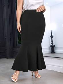 SHEIN Privé Plus Solid Mermaid Hem Skirt - Black - View 9