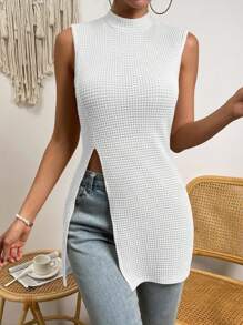 SHEIN Essnce 小高領高衩背心上衣 - 白色 - 查看 1