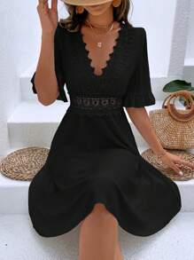 Breezaya Solid Guipure Lace Insert Dress - Black - View 1