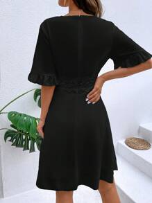 Breezaya Solid Guipure Lace Insert Dress - Black - View 2