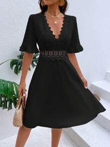 Breezaya Solid Guipure Lace Insert Dress - Black - View 4