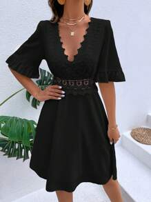 Breezaya Solid Guipure Lace Insert Dress - Black - View 5