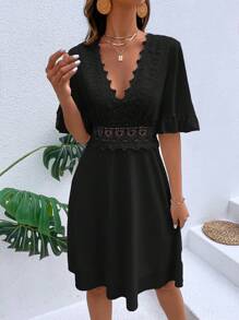 Breezaya Solid Guipure Lace Insert Dress - Black - View 6