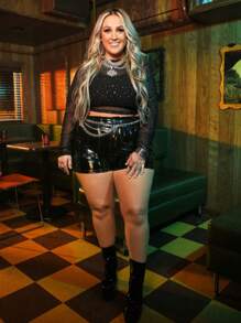 SHEIN Plus Holographic PU Leather Shorts - Black - View 1