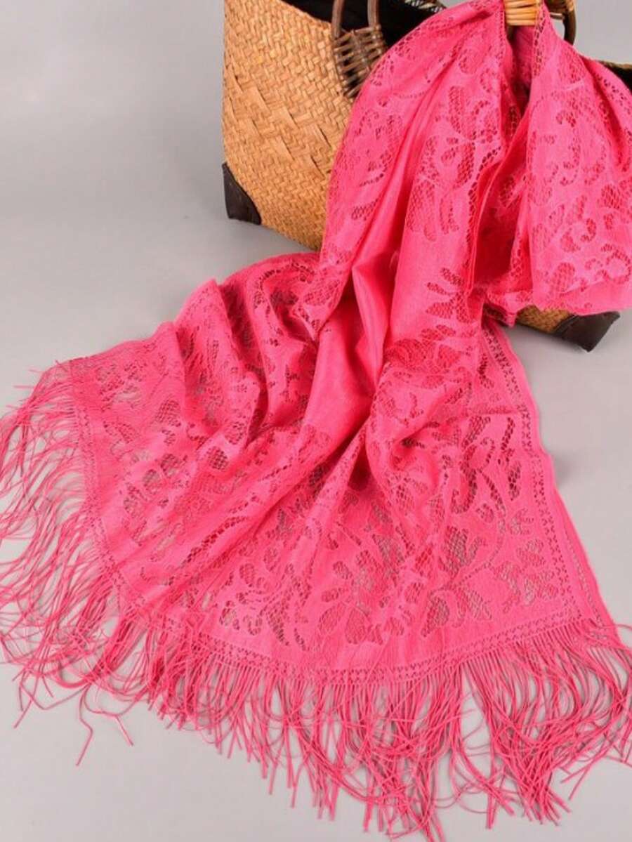 Bufanda De Encaje Y Flecos - Rosa Fucsia - Ver 1