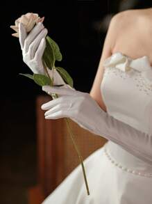 1 双女士纯色缎面 38 厘米长手套，适合圣诞节、新年、宴会、婚礼、结婚秋季配饰 - 白色 - 查看 2