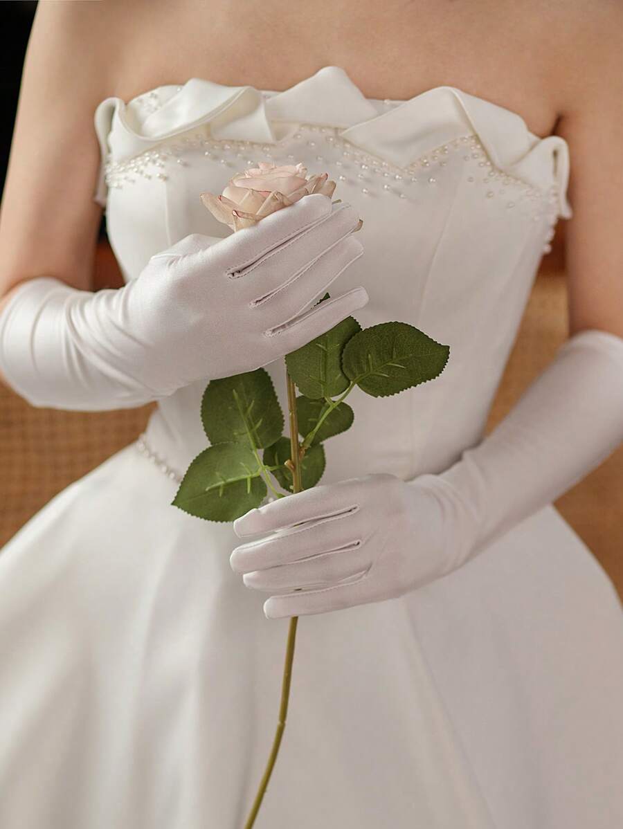 1 双女士纯色缎面 38 厘米长手套，适合圣诞节、新年、宴会、婚礼、结婚秋季配饰 - 白色 - 查看 1