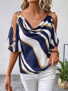 SHEIN Clasi 撞色挖肩垂領圓環細節襯衫 - 彩色 - 查看 3