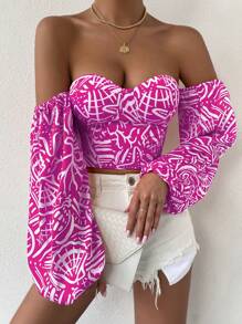 SHEIN Privé Áo nữ Lộ Lưng Ren lên Thùa khuyết Tất cả trên in Gợi cảm - Màu Hồng Tươi - Xem 1