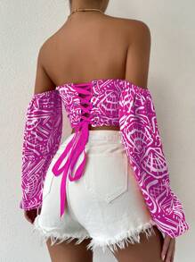 SHEIN Privé Áo nữ Lộ Lưng Ren lên Thùa khuyết Tất cả trên in Gợi cảm - Màu Hồng Tươi - Xem 2