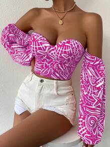 SHEIN Privé Áo nữ Lộ Lưng Ren lên Thùa khuyết Tất cả trên in Gợi cảm - Màu Hồng Tươi - Xem 5