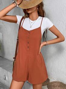 SHEIN LUNE 素色前紐扣吊帶連體短褲不帶T恤 - 鏽棕色 - 查看 6
