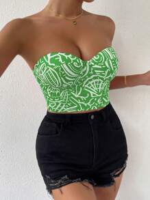 SHEIN Privé 滿版印花露背繫帶抹胸上衣 - 青檸色 - 查看 5