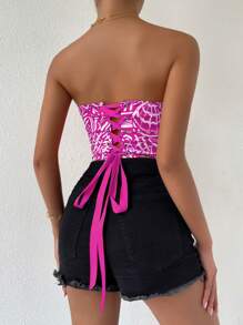 Chiquease Allover Print Lace Up Backless Tube Top - Hot Pink - View 2