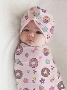 SHEIN Baby Girl Newborn Photography Cartoon Graphic Wrap Blanket & Accessory Hat Prop Autumn Fall - Pink - View 1
