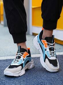男士字母圖案撞色繫帶運動織物老爹鞋適用於戶外 - 彩色 - 查看 4