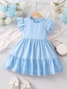 小女童圓點蕾絲拼接荷葉邊連衣裙 - 淺藍色 - 查看 1