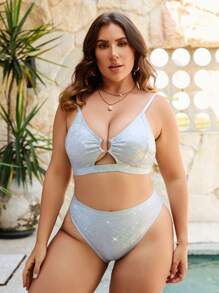 Celure Bộ bikini liên kết vòng ba chiều có kích thước cộng với bãi biển mùa hè - Bạc - Xem 4
