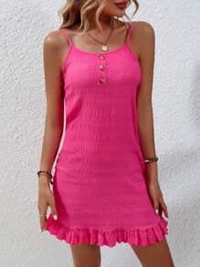 SHEIN VCAY Đầm Viên lá sen Nút phía trước màu trơn Giải trí - Màu Hồng Tươi - Xem 5